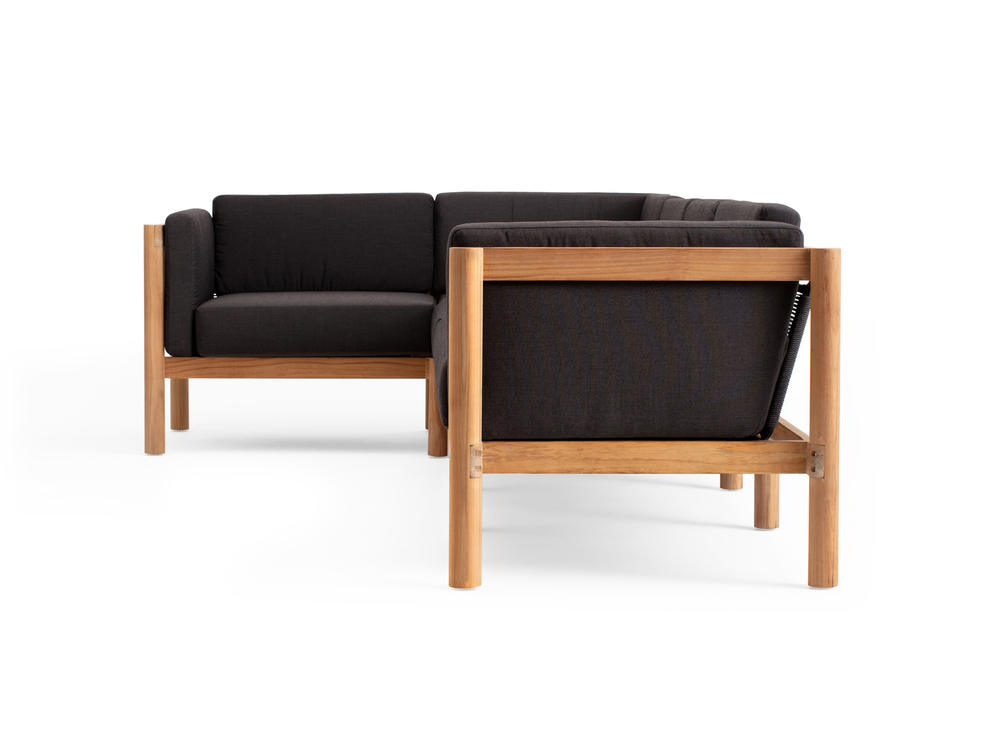 Side view of 4-piece outdoor sectional with black arm cushions